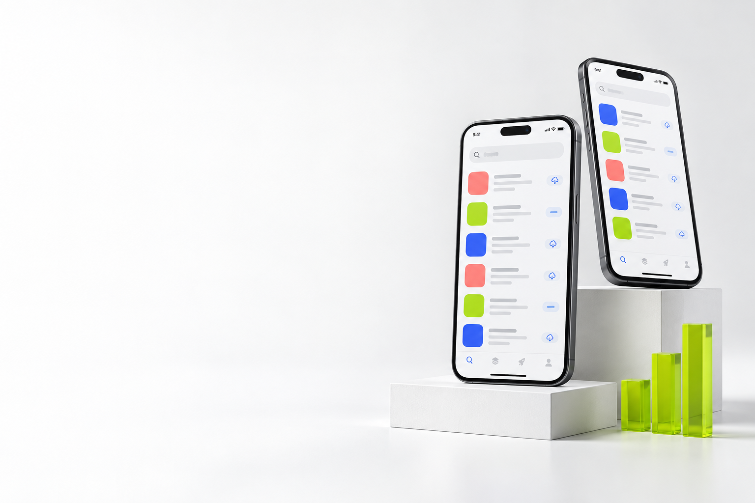 Uygulama mağazası arama sonuçlarını temsil eden telefonlar ve yeşil yükselen sütunlar